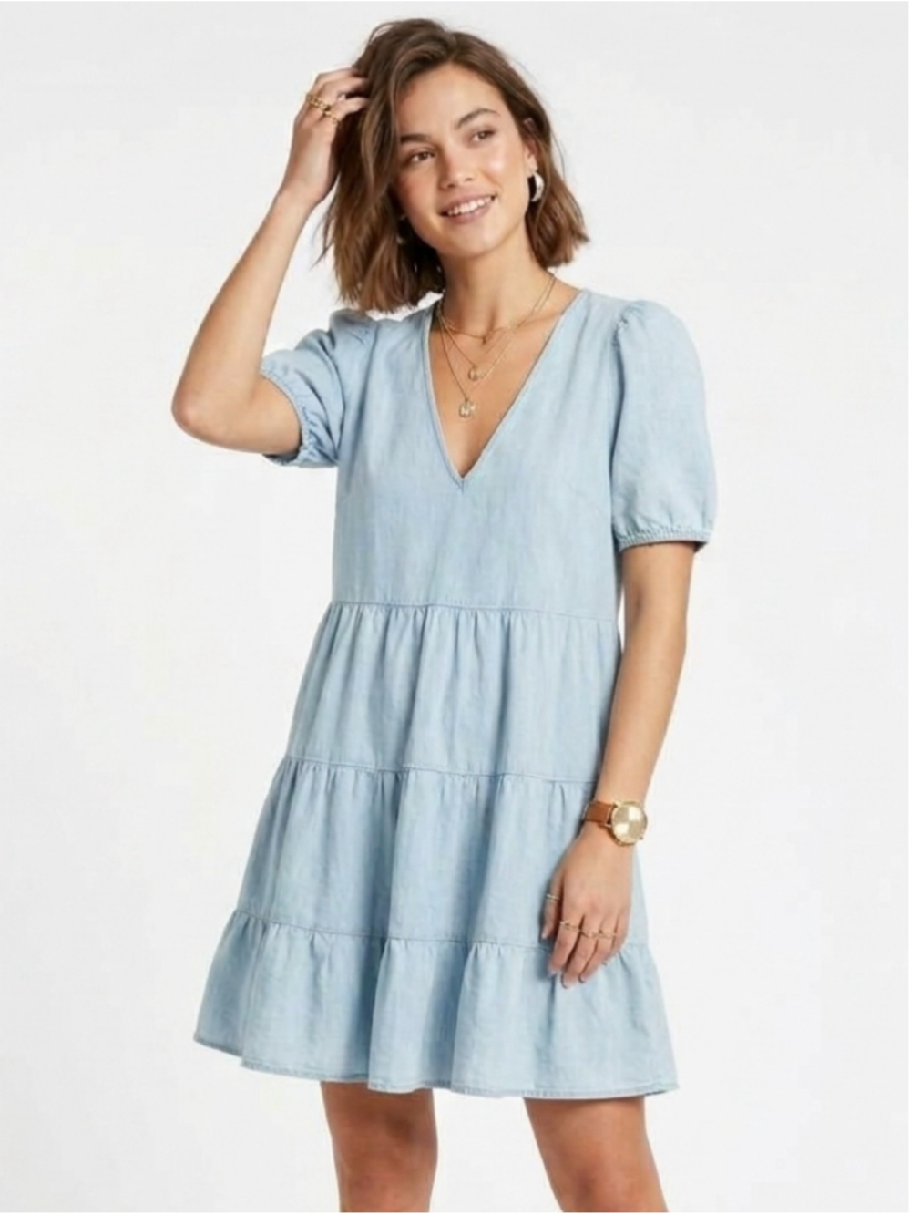 Zara Light Blue Linen Blend Tiered Babydoll Mini Dress Puff Sleeve Small - 919
